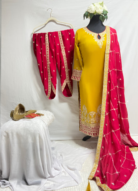 Yellow and Red Embroidered Salwar Kameez