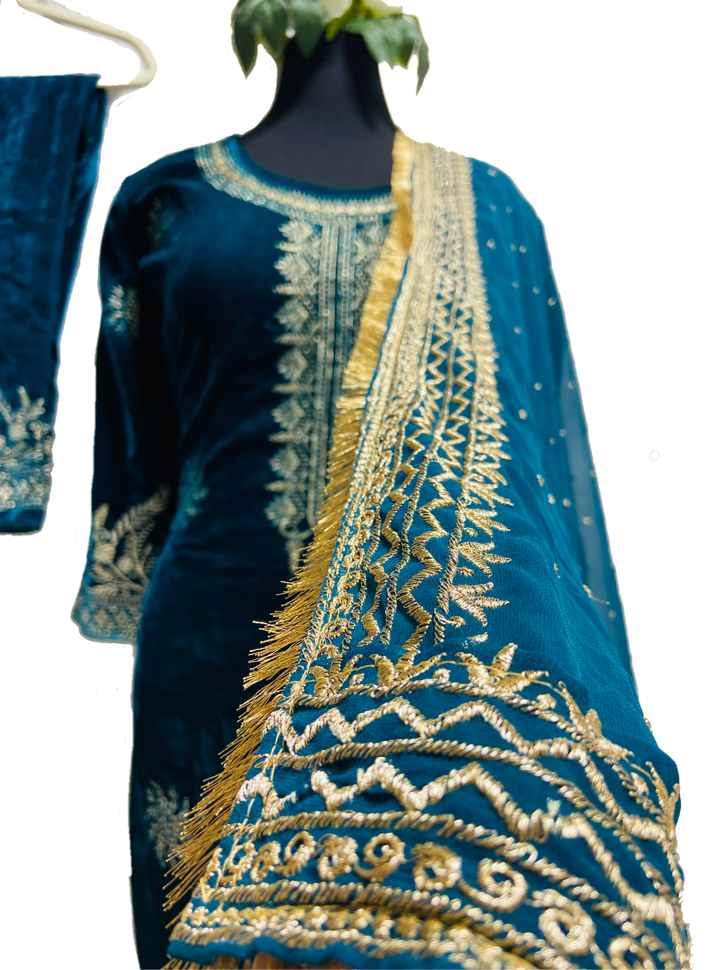 Teal/Blue Velvet Embroidered Salwar Kameez