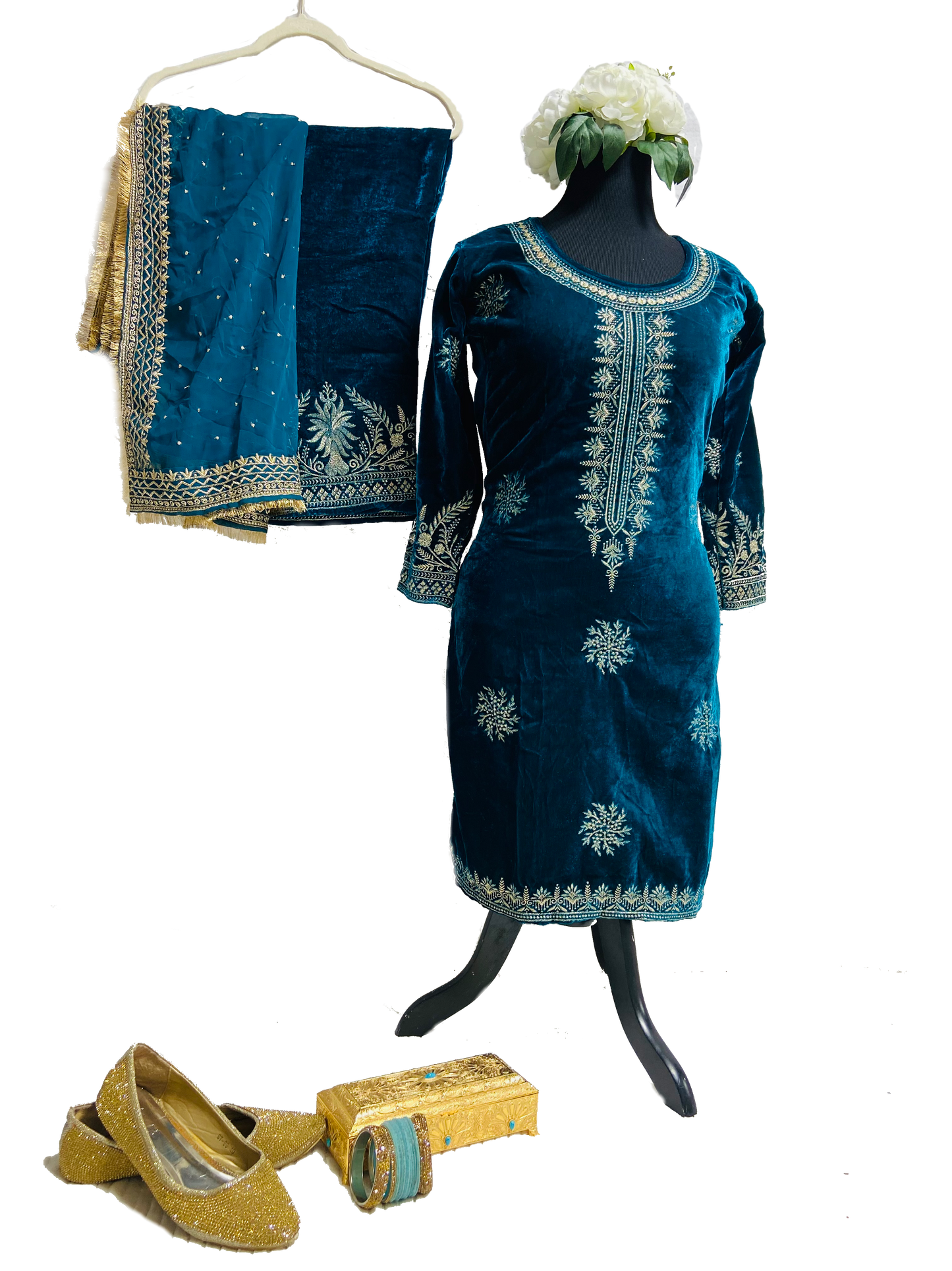 Teal/Blue Velvet Embroidered Salwar Kameez